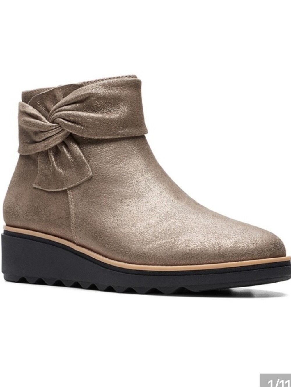 Clarks Sharon Salon Women's Pewter Metallic Wedge Ankle Boot with Bow Detail
